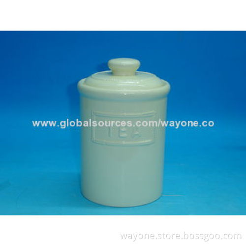 Ceramic sugar jar with embossed words,food-safe,easy to take care, for tea/coffee/biscuit storage